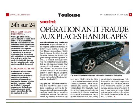 Article de Direct Matin Toulouse : opération anti fraude aux places handicapés